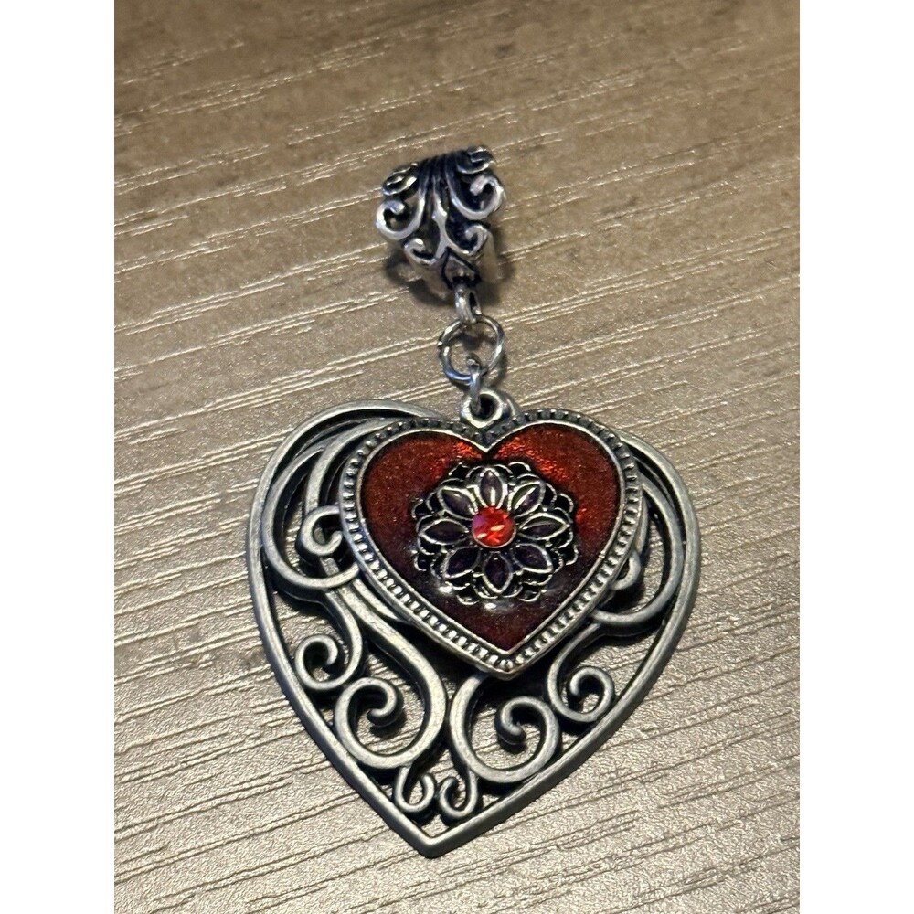 Vintage Brushed Silver Tone Filigree Layered Heart Design Red Pendant